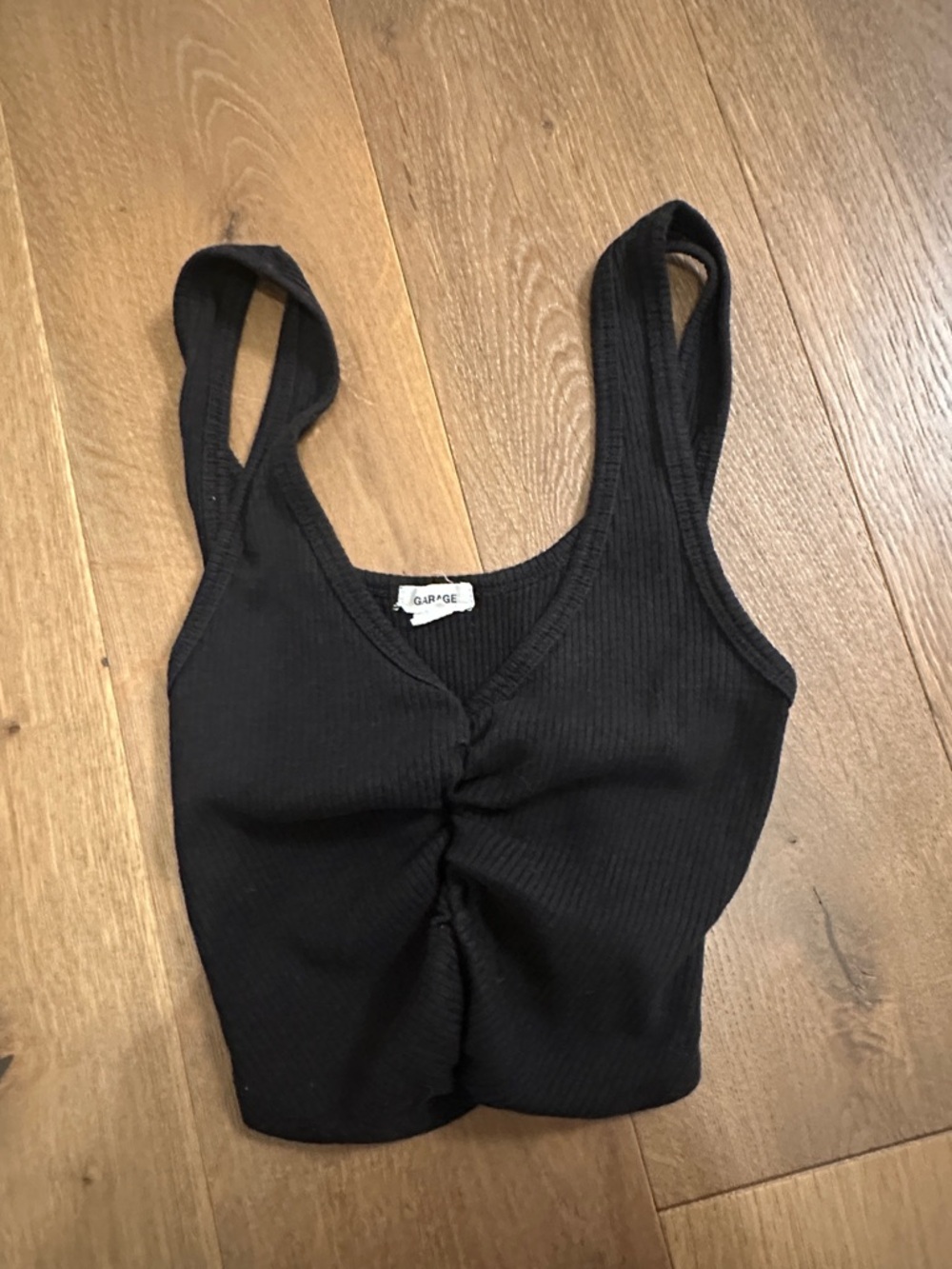 Garage Black Ribbed Twist-Front Crop Tank
